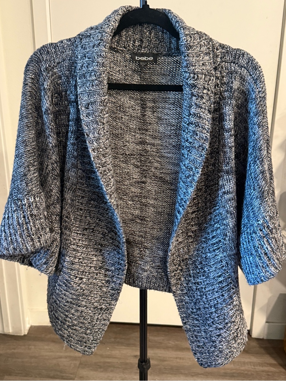 bebe Marled Gray Open-Front Shawl Collar Cardigan